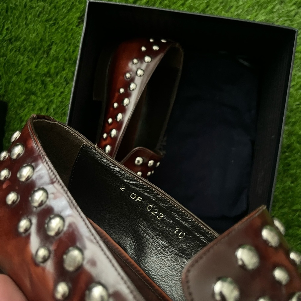Designer Prada Slip On Tobacco Leather Rhinestone Jewel Dress Shoes Size 10 - Picture 3 of 7